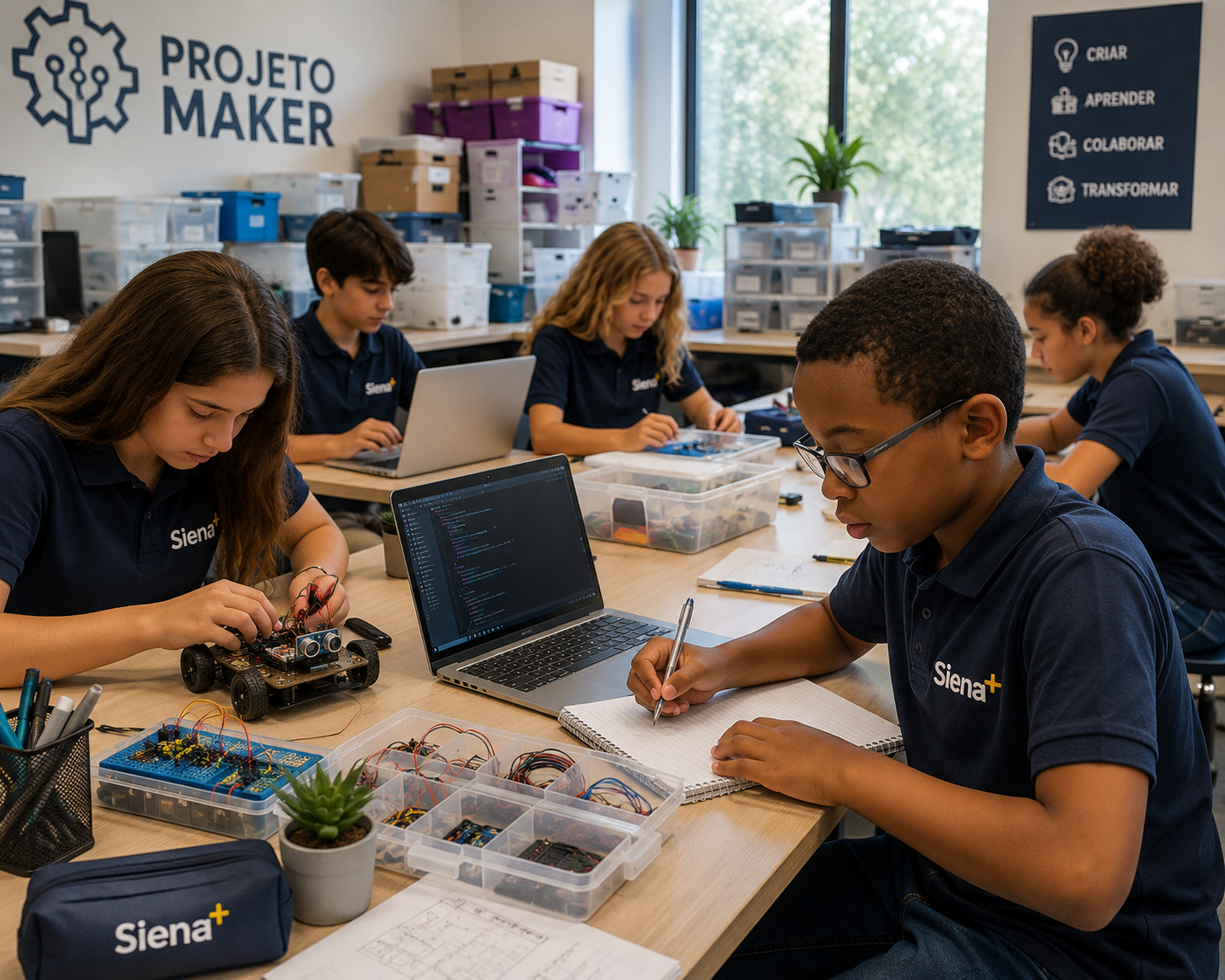 Alunos do Siena+ desenvolvendo projetos maker em sala moderna